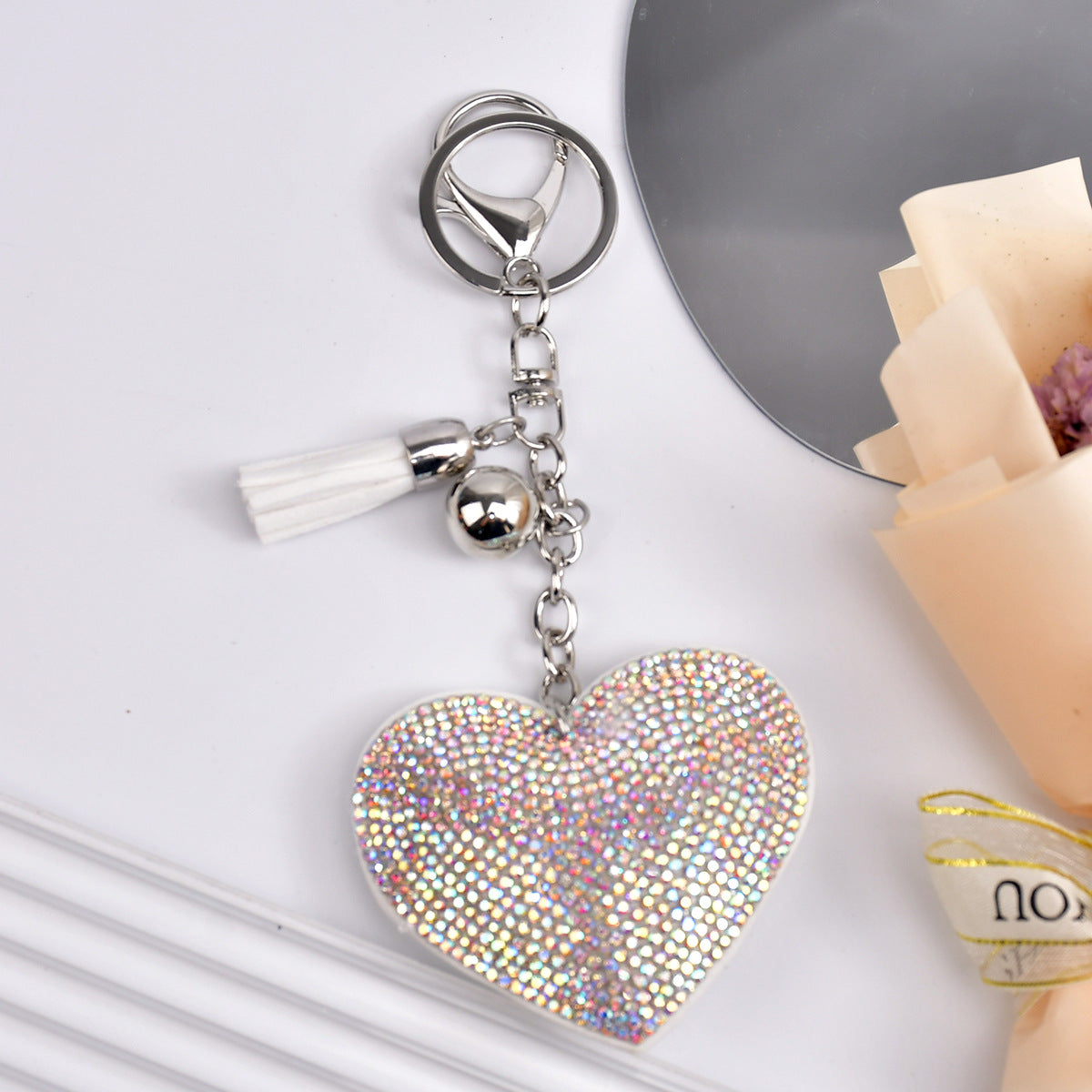 Wholesale  Peach Heart Rhinestone Leather Keychain