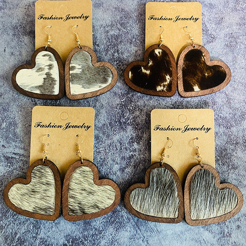 Wholesale Leopard Pattern Cow Pattern Heart Shaped Wooden Earrings ACC-ES-XinChuan010