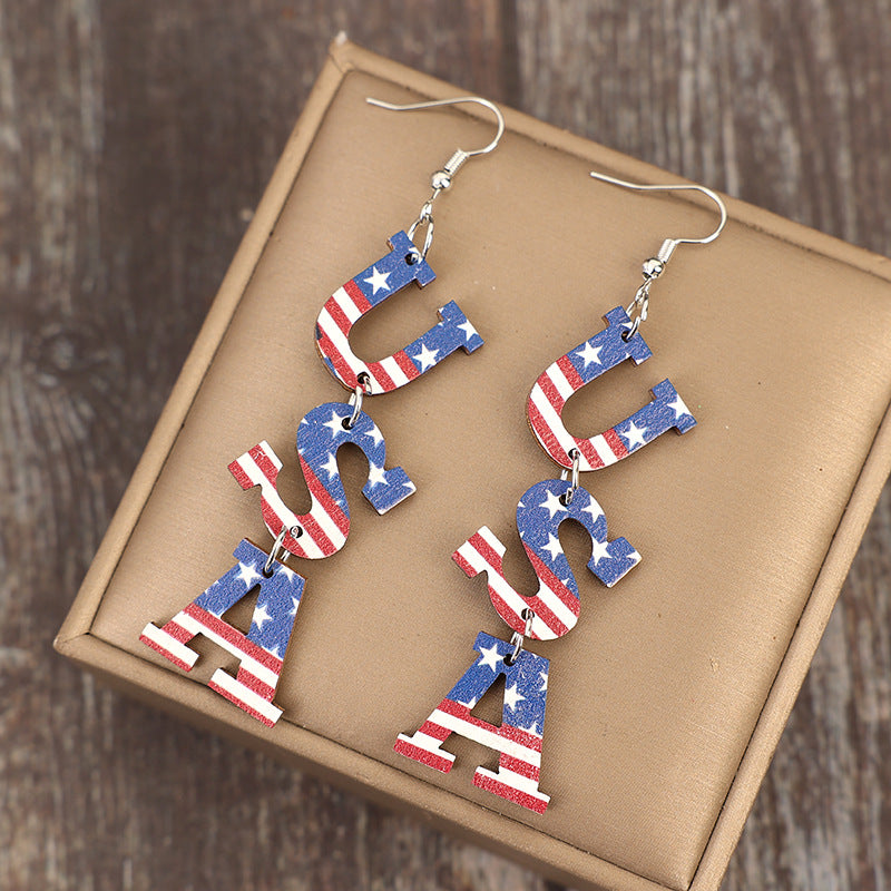 Wholesale Independence Day USA striped five-pointed star retro wooden earrings