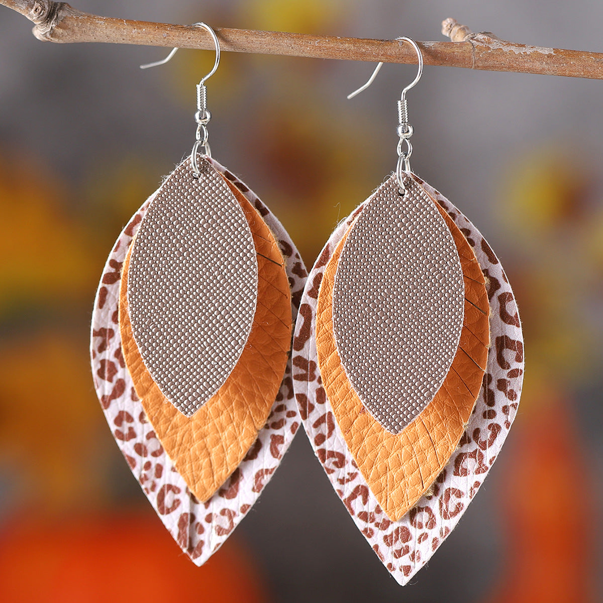 Wholesale  Bohemian Three-layer Water Drop Diamond Leather PU Leopard Pendant Earrings