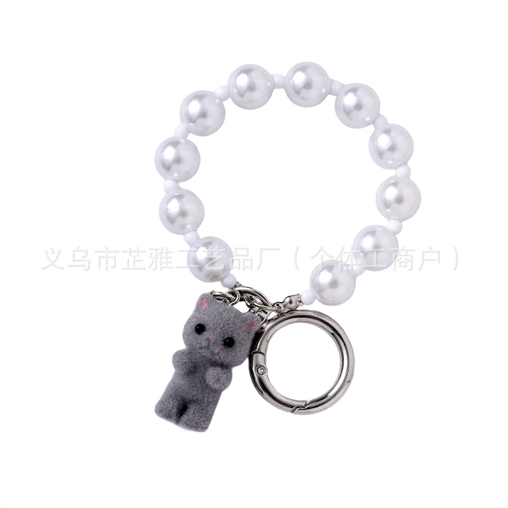 Wholesale  Heart Cute Flocking Cat Pearl Love Keychain
