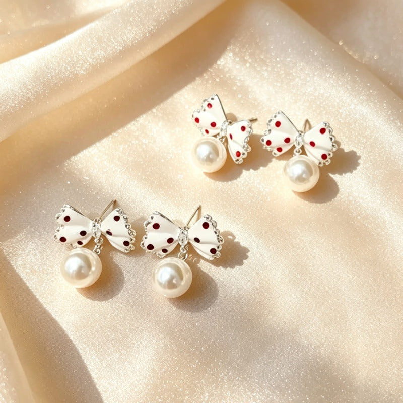 Wholesale Retro Polka Dot Bow Pearl Earrings Women S Chic Party Wear Jewelry Accessory