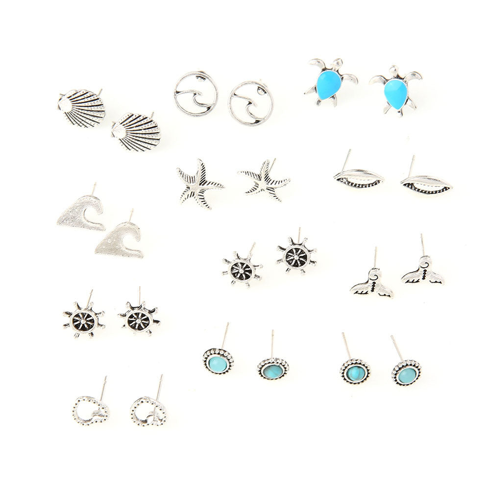 Wholesale  oil-dripping turtle stars wave shell turquoise earrings  set