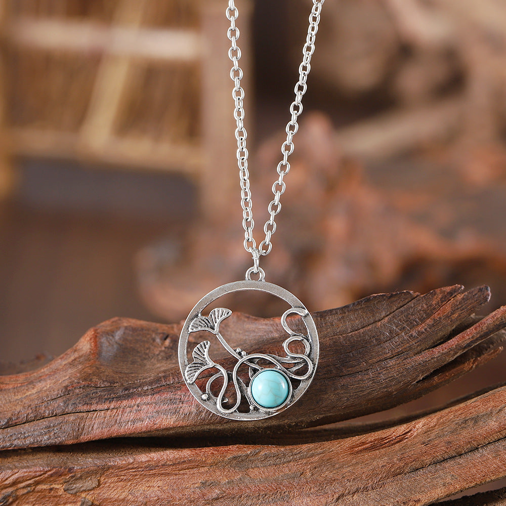 Wholesale Retro Hollow Lotus Leaf Cow Hummingbird Turquoise Necklace