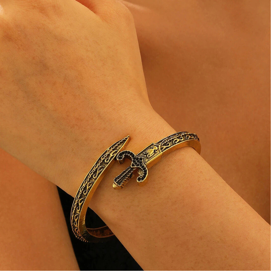 Wholesale Gothic Punk Men S Snake Sword Engraved Cuff Bracelet Ancient Gold Zinc Alloy Jewelry Gift