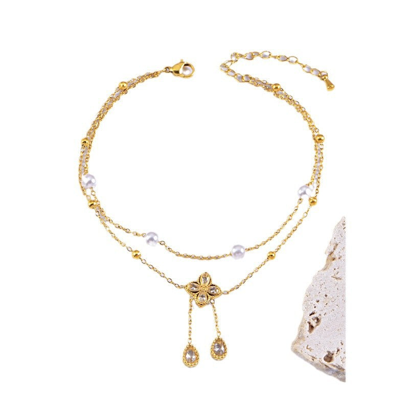 Wholesale  titanium steel  does not fade diamond flower tassel pearl double-layer stacked anklet