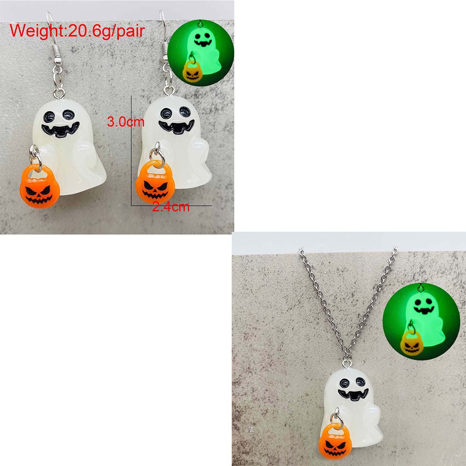 Wholesale Halloween 3D Luminous Ghost Pumpkin Corn Candy Necklace Earrings Set ACC-NE-ChenY001