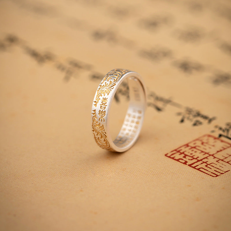 Wholesale  Silver 9999  Grass Pattern Gold-painted Solid Open Ring