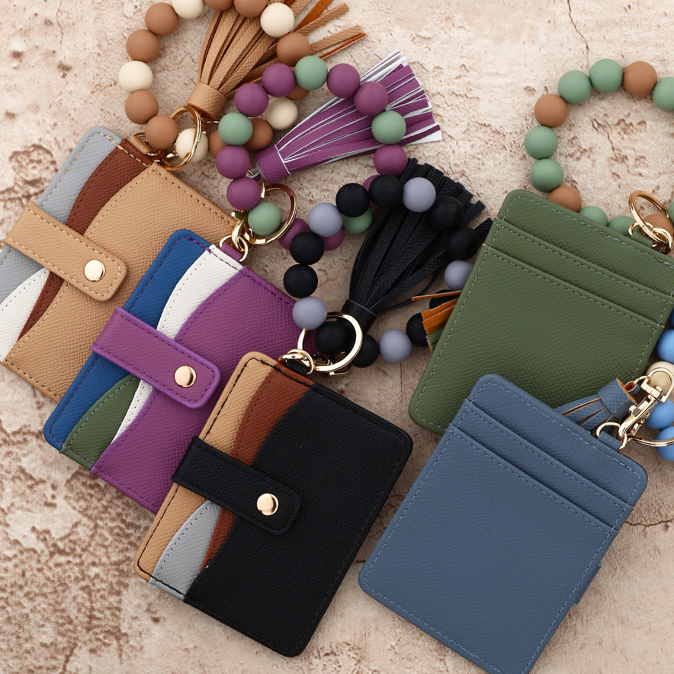 Wholesale Multi-layer Color-matching Card Bag Zipper Wristlet Keychain