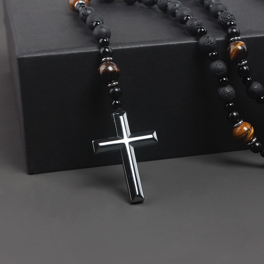 Wholesale Natural Stone Black Volcanic Rock Yellow Tiger Eye Iron Stone Cross Necklace