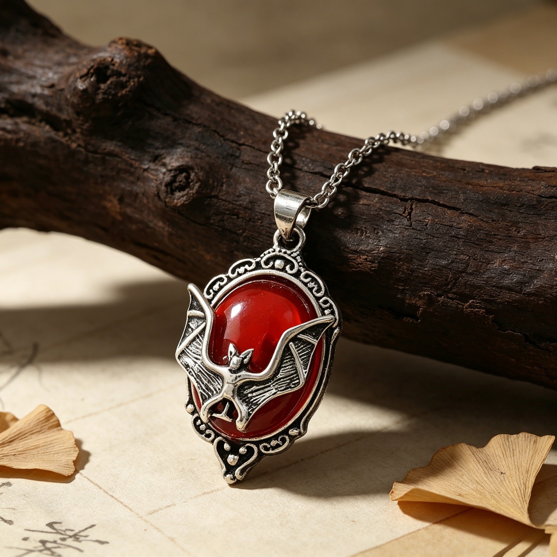 Wholesale Amazon Cross-Border Best-Selling  Gothic Style Necklace,  Vintage Carved Red Crystal Bat Personalized Pendant