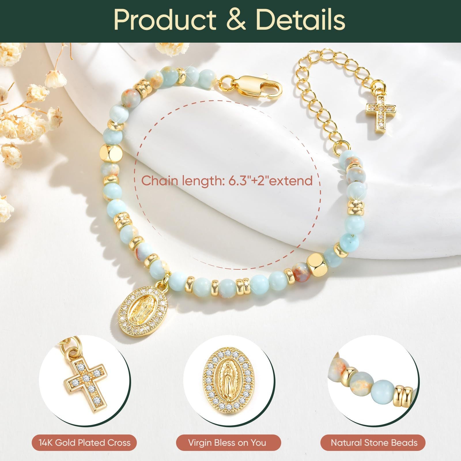 Wholesale Natural Stone Cross Virgin Mary Bracelet