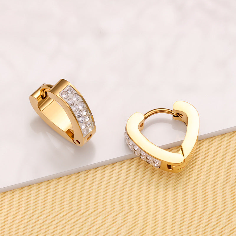 Wholesale Stainless Steel Double Row Diamond Love Earrings Bone Buckle - Jewelry Accessory