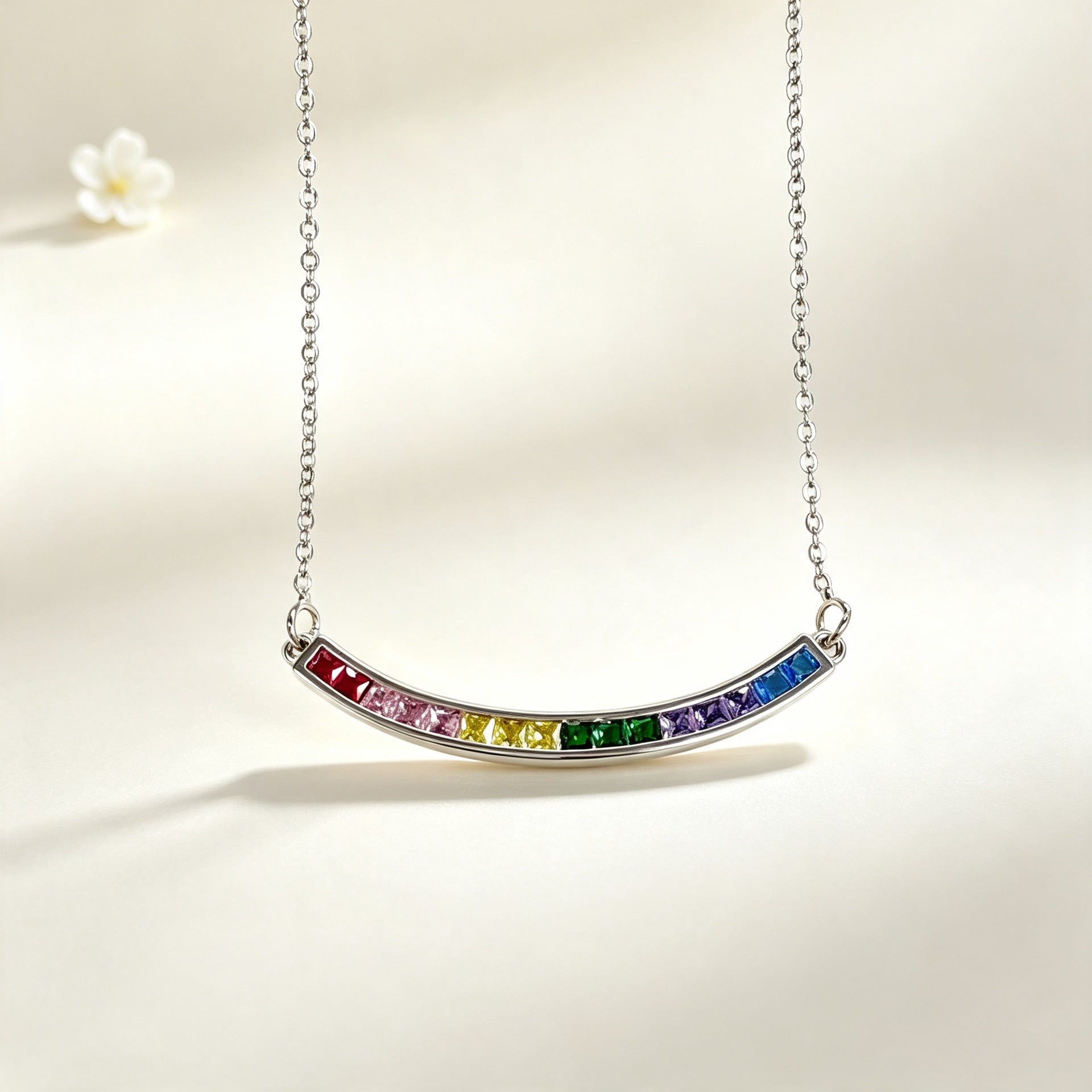 Wholesale Rainbow Zircon Geometric Curve Pendant Necklace Gold Plated Brass Fashion Accessory Gift For Women Boutique Resale