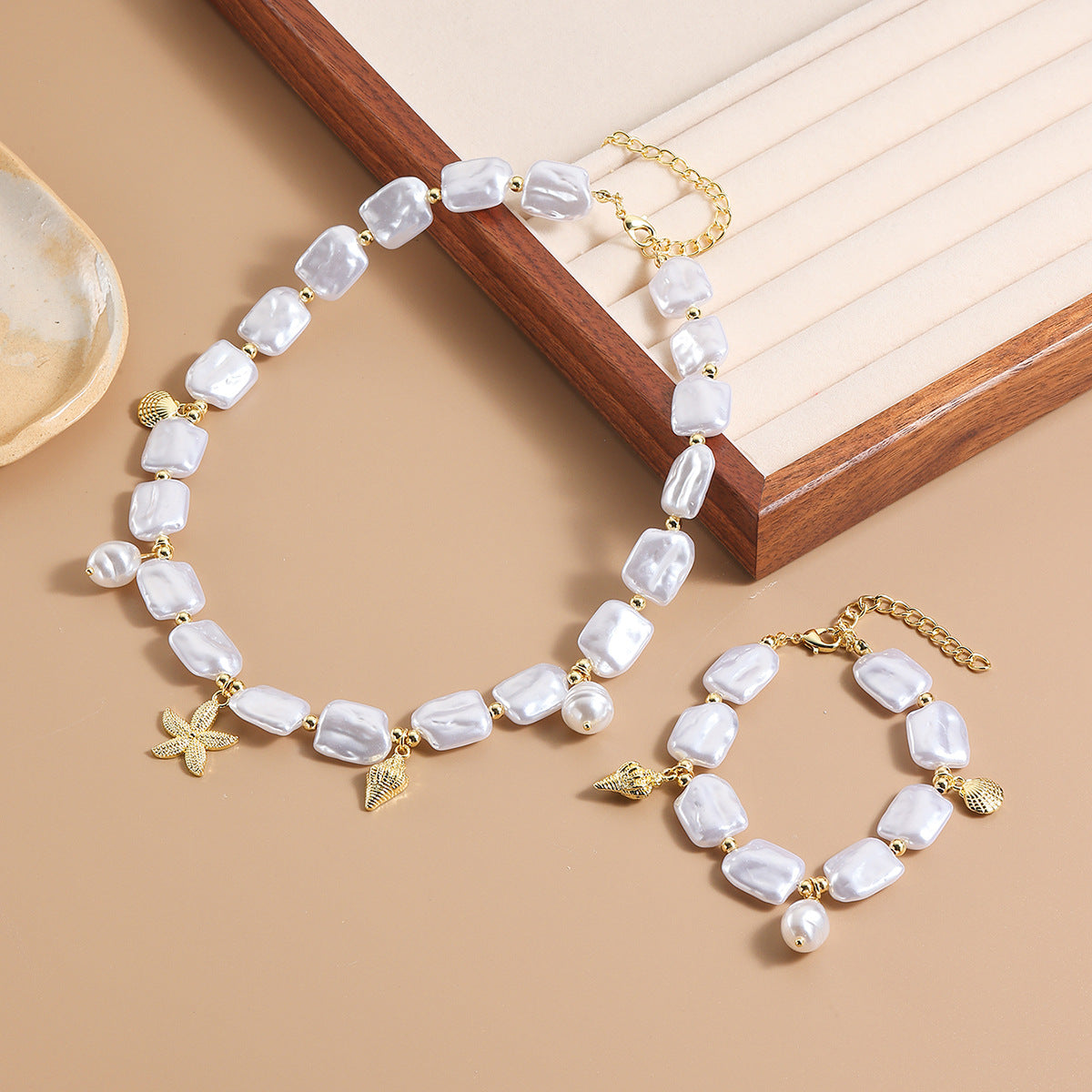 Wholesale  Pearl  Starfish Shell Pearl Necklace Bracelet suit