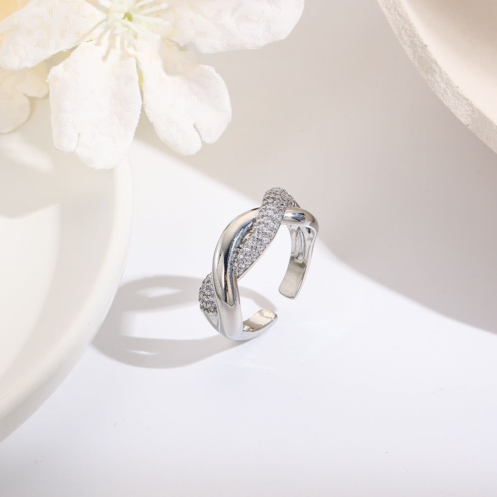 Wholesale Wave-patterned copper-inlaid zircon-wrapped adjustable ring