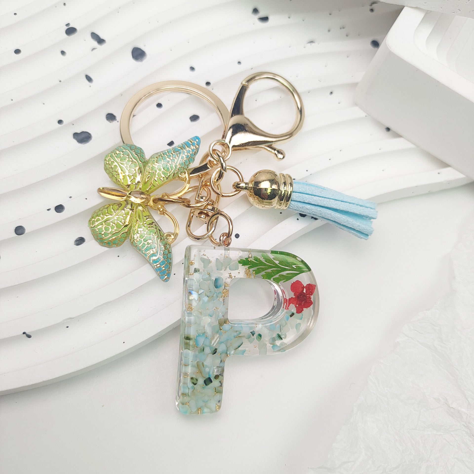 Wholesale Green English Letter Dried Flower Keychains Butterfly Tassel Keychain ACC-KC-Jiay002