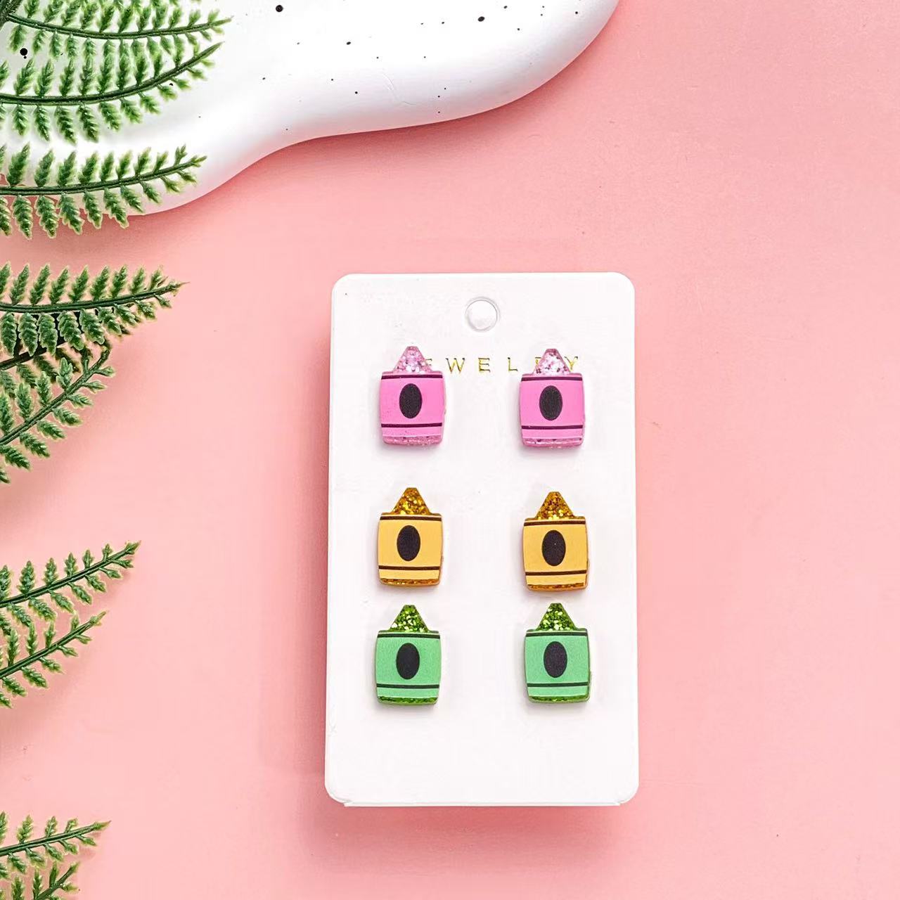 Wholesale Teachers' Day  Acrylic Earrings Cute Pencil Apple Earth Sketchpad  Earrings suit