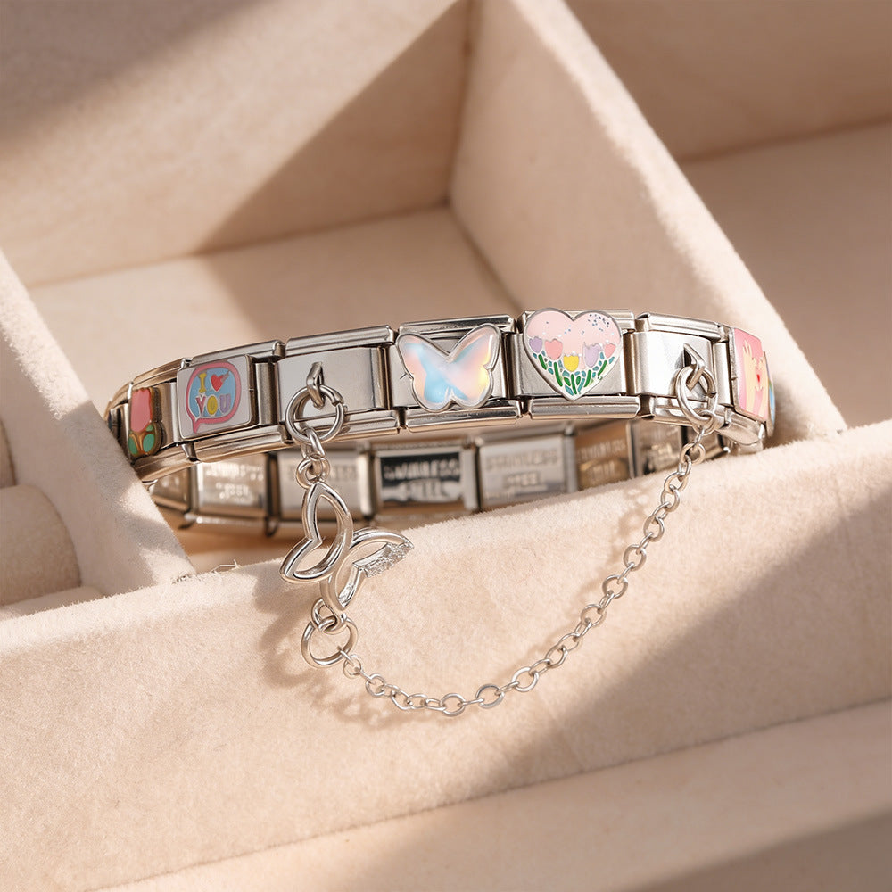 Wholesale Stylish DIY Welded Stainless Steel Module Bracelet Set with Oil-Drip Pattern and Butterfly Pendant Fashion Accessory
