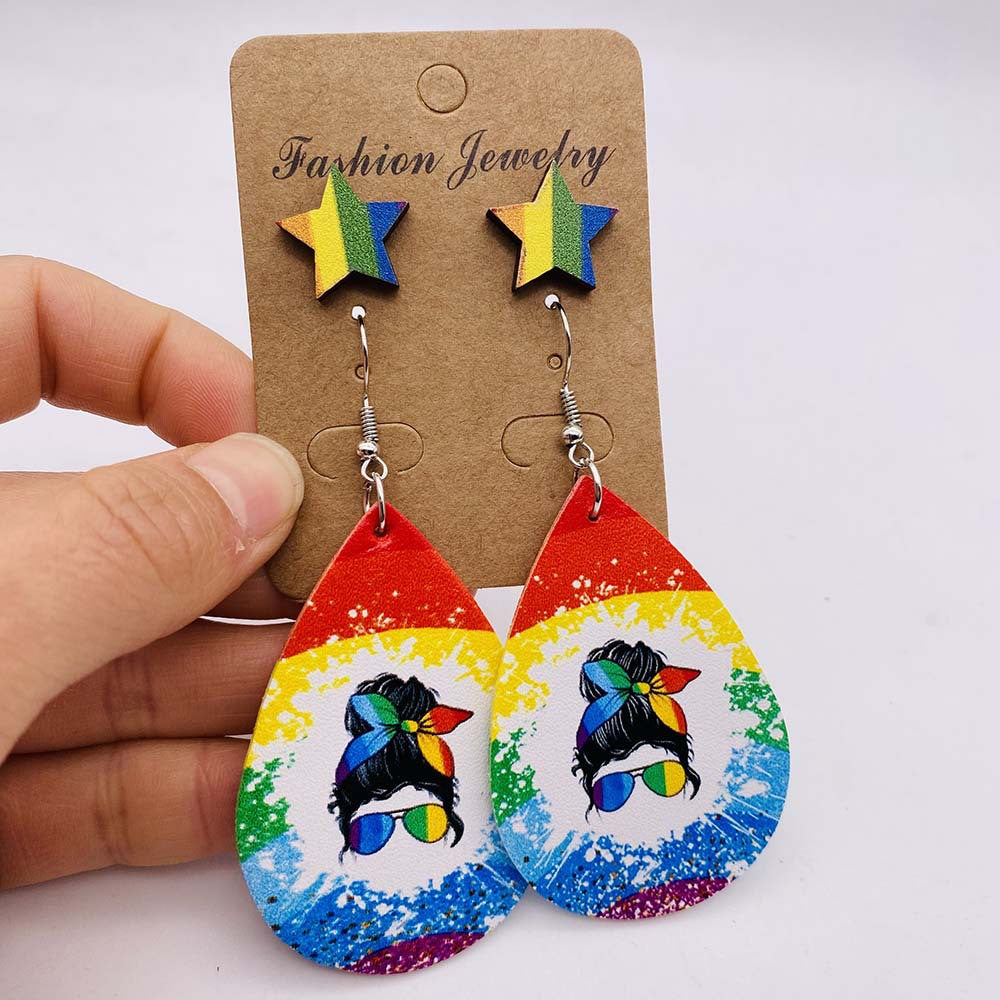 Wholesale wooden stud earrings suit heart-shaped rainbow printed leather earrings