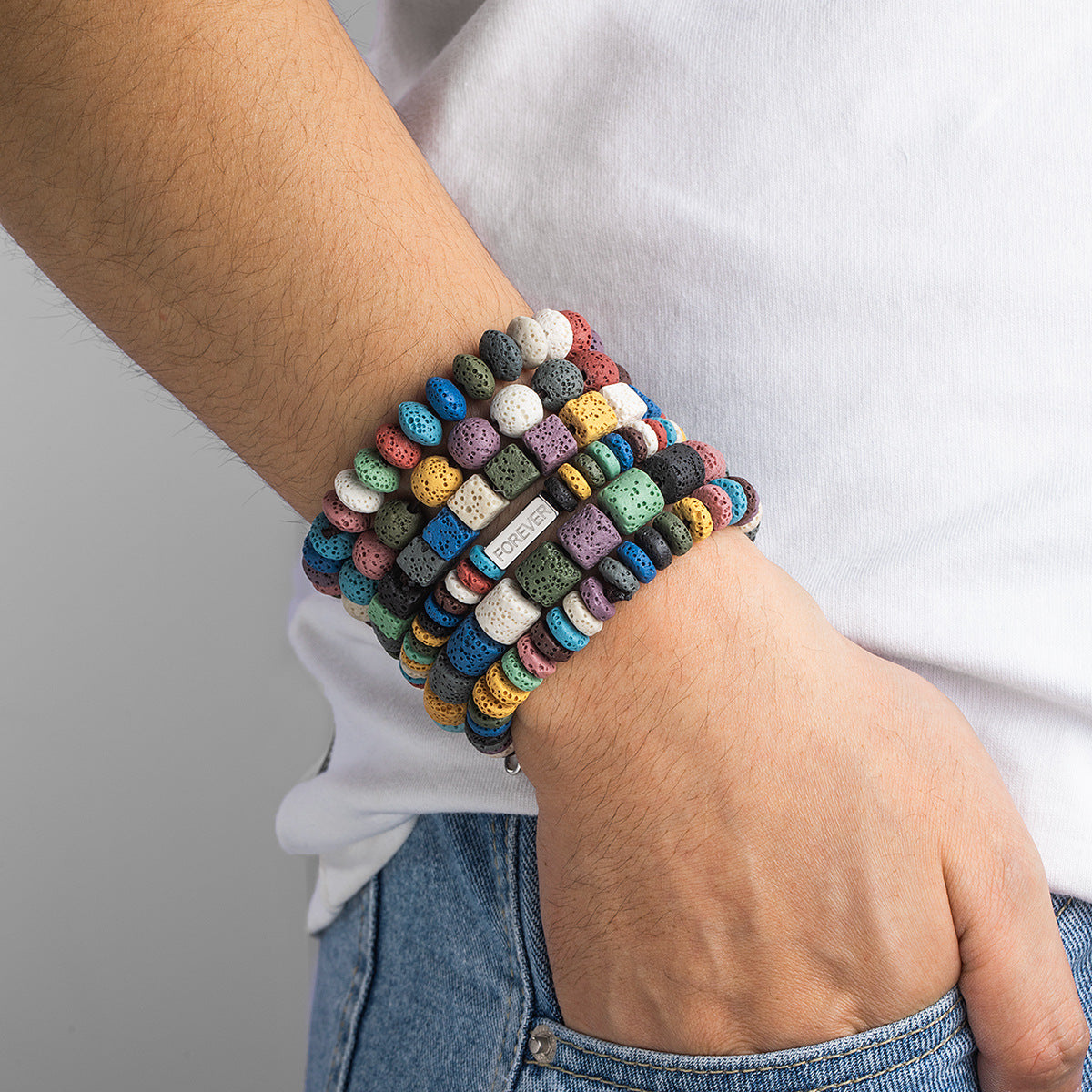 Wholesale volcanic stone beaded kraft paper elastic  bracelet