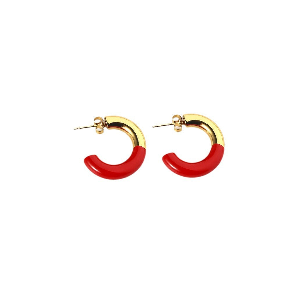 Wholesale Titanium steel earrings  drop oil color enamel  opening C- shaped buckle retro earrings