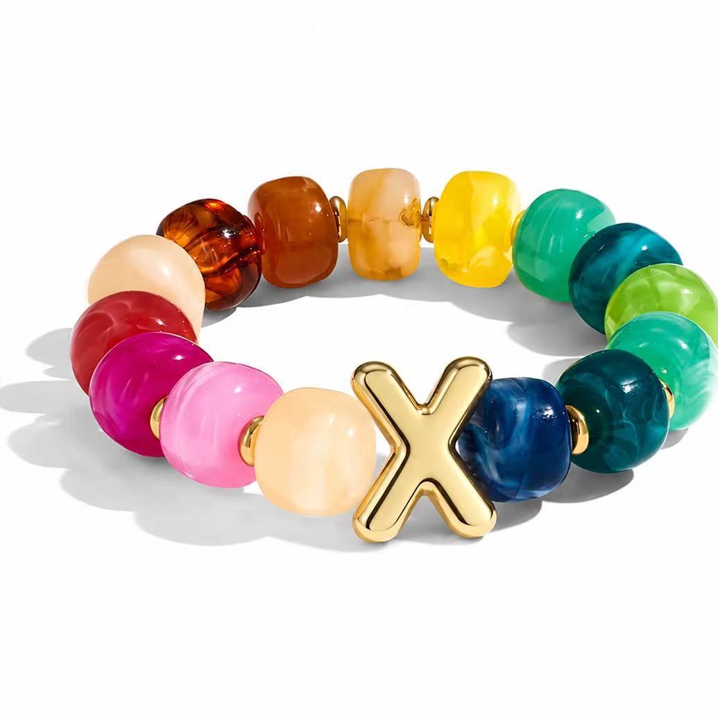 Wholesale 2026 Amazon Cross-Border Colorful Beaded 26 Letter Bracelet for Women,  Resin,  Fashionable and Unique,  High Elasticity Bracelet