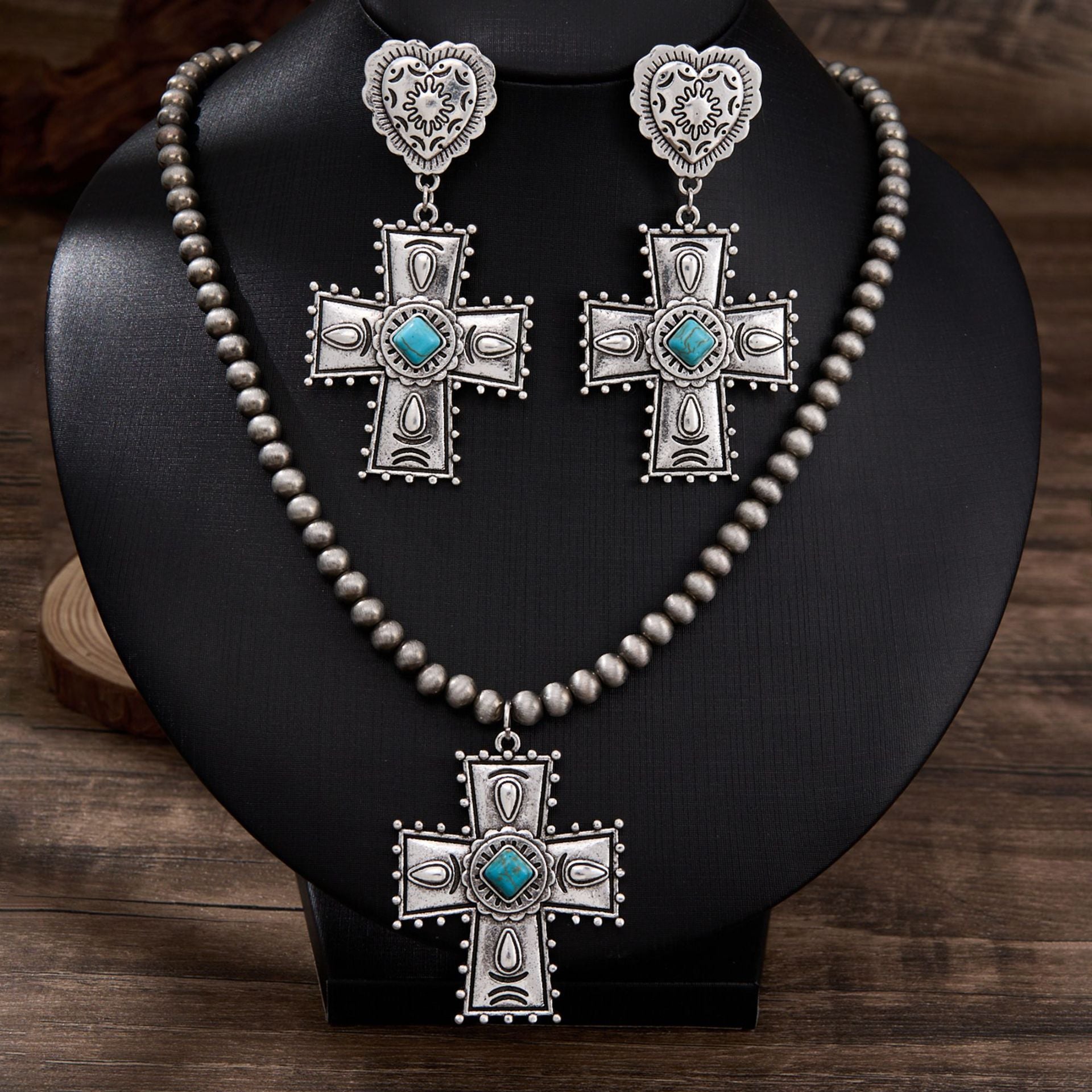 Wholesale Zinc Alloy Heart-Shaped Cross Jewelry Set Vintage Western Style Trendy Party Accessory