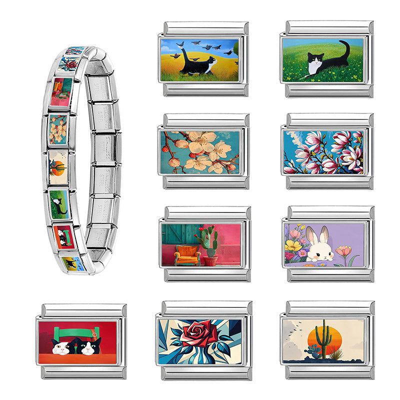 Wholesale Italian Style Cat and Flower Creative Stainless Steel DIY Bracelet Accessories Jewelry Gift