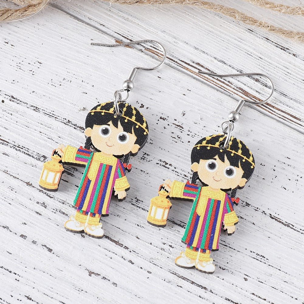 Wholesale Retro Girls Lantern Blue Oil Lamp Wooden Double Sided Earrings ACC-ES-ChuLian006