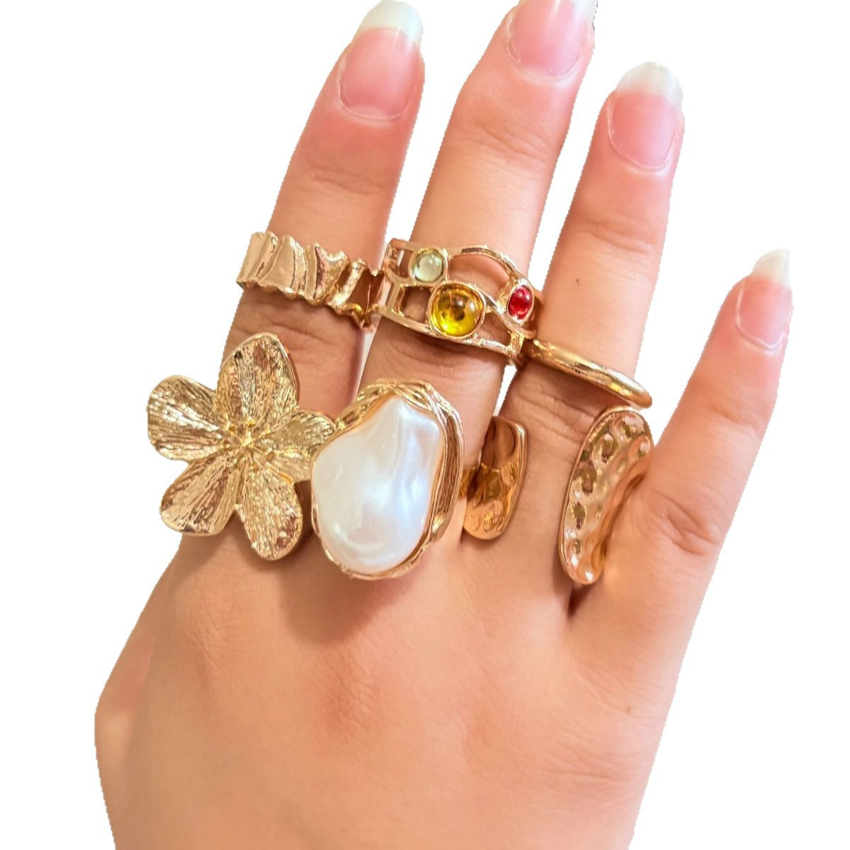 Wholesale Gold Plated Zinc Alloy Adjustable Flower Ring with Faux Pearl Accents Fashion Jewelry Accessory