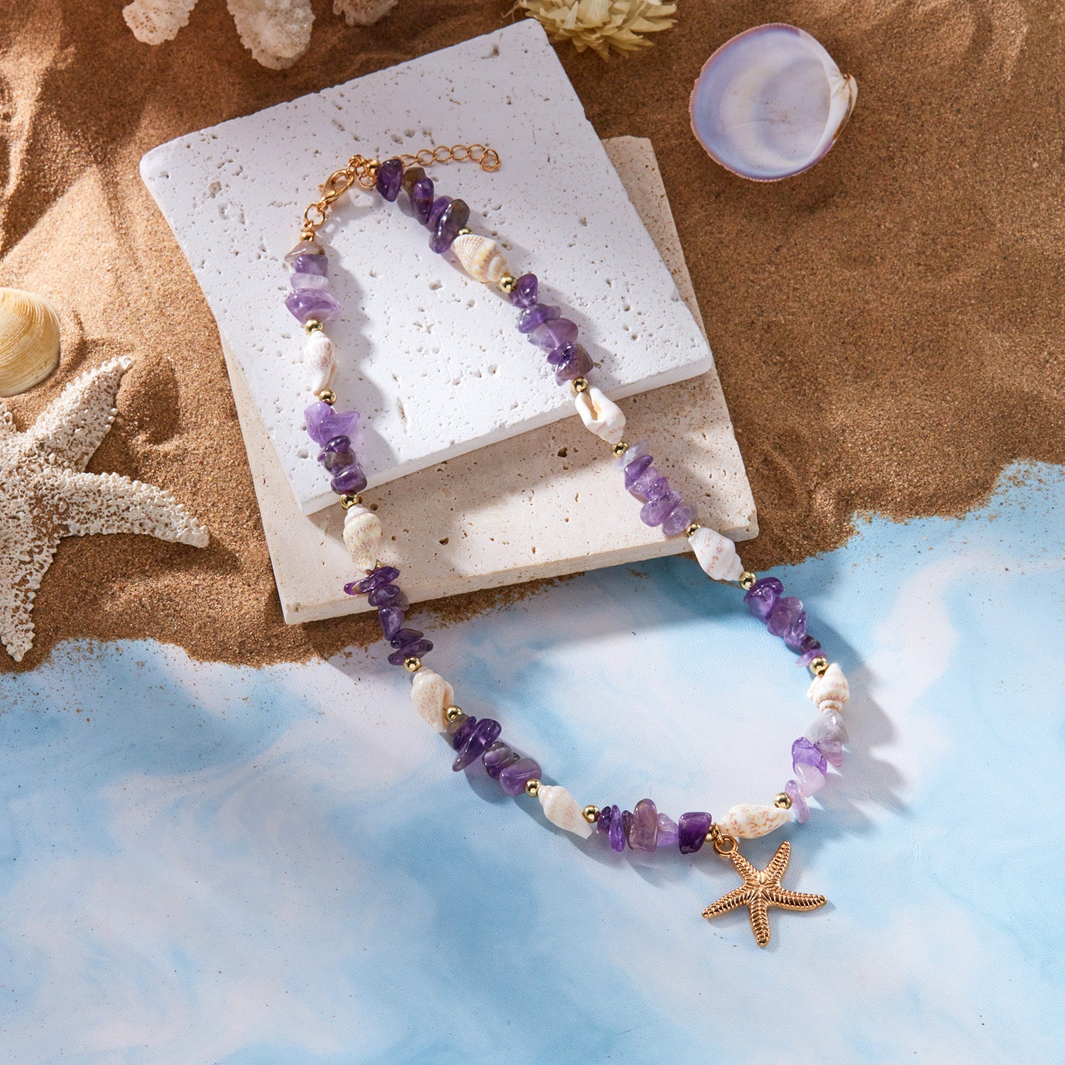 Wholesale sales new starfish jewelry Bohemian summer beach gravel starfish conch necklace