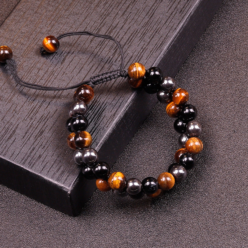 Wholesale Volcanic Stone Handwoven Beaded Glossy Tiger Eye Double Layer Bracelet ACC-BT-Ruyue004