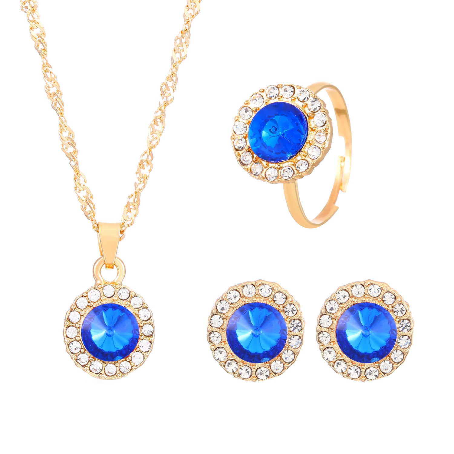 Wholesale Colorful rhinestone necklace earrings and ring set