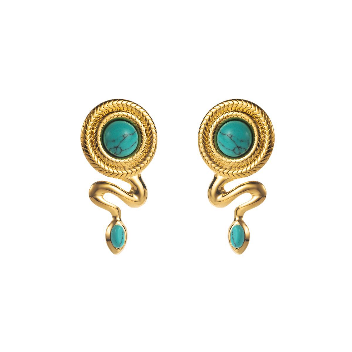 Wholesale Style Niche Design Sense Serpentine Earrings Stainless Steel Plated 14k Gold Set Turquoise Earrings
