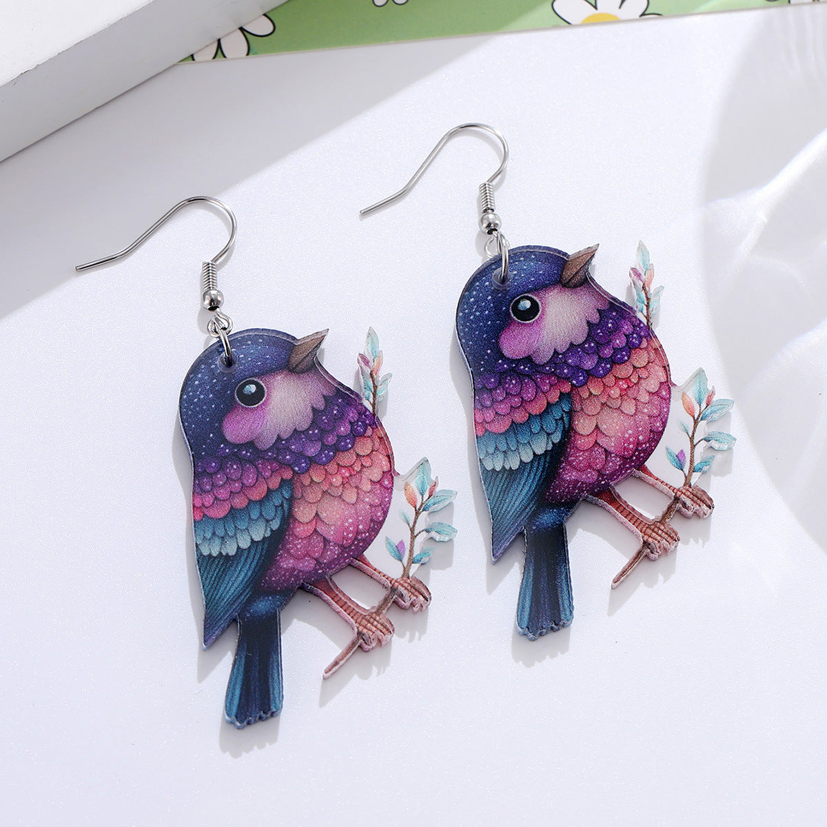 Wholesale Cute colorful bird hummingbird flower branch acrylic pendant earrings