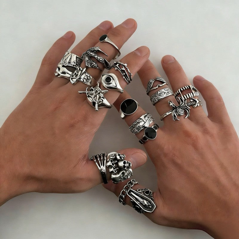 Wholesale Vintage Punk Skeleton  Ring Set 24 Piece Ancient Silver Zinc Alloy Jewelry Accessory