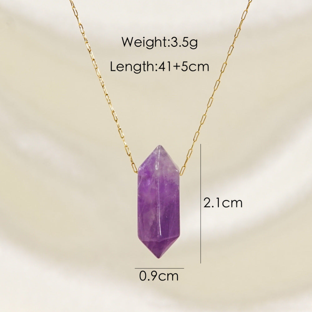 Wholesale Natural Crystal Double-pointed Multi-faceted Hand-polished Hexagonal Prism Pendant Stainless Steel Necklace