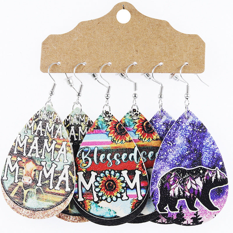 Wholesale Mother's Day Teardrop Shape Leather Floral Earrings Cow Pattern Set ACC-ES-Mijun004