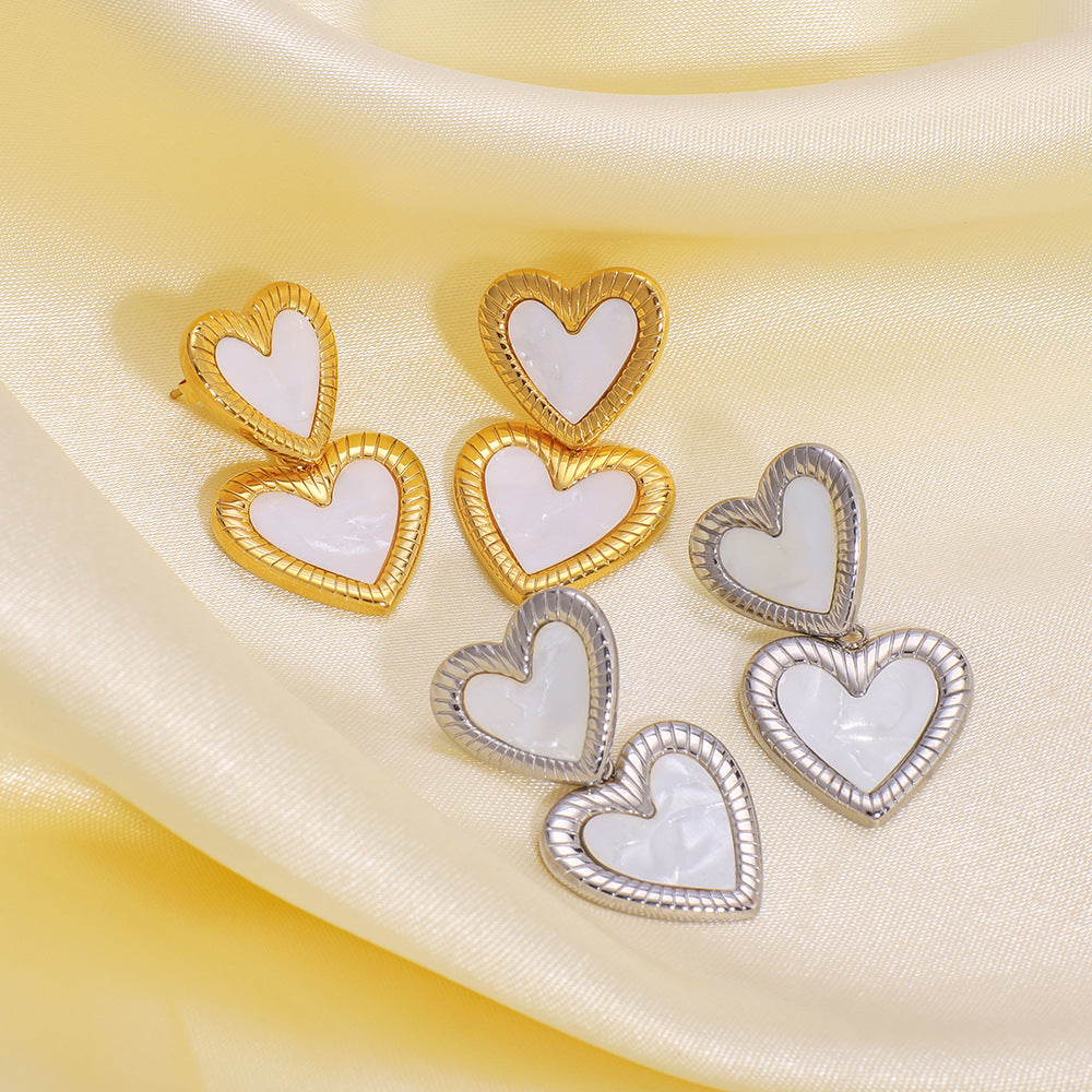 Wholesale love-shaped simple heart double-layer pendant white shell stainless steel earrings