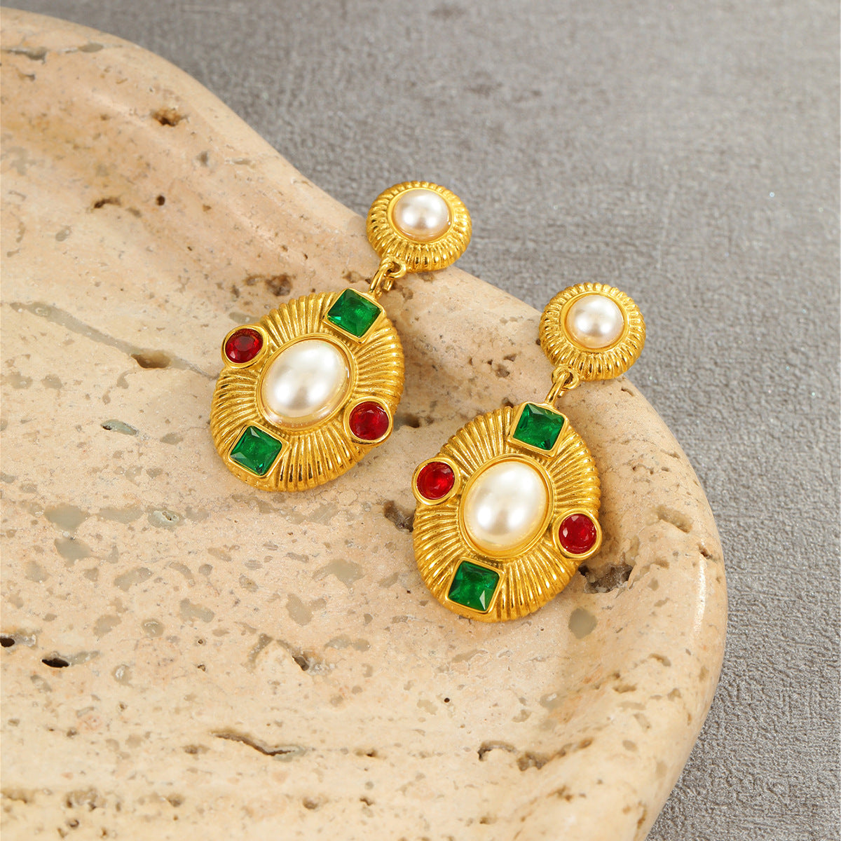 Wholesale Retro Mid-Century Style Exaggerated  Stainless Steel Plated 18K Gold Inlaid with Pearls and Zircons Earrings