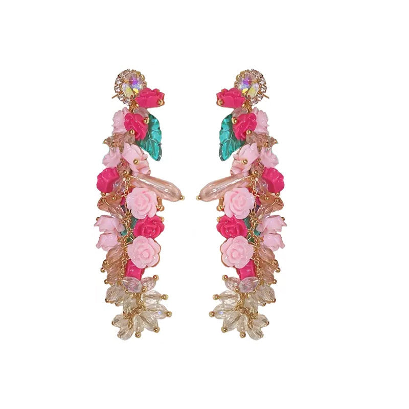 Wholesale Pink Flower Crystal Tassel Earrings