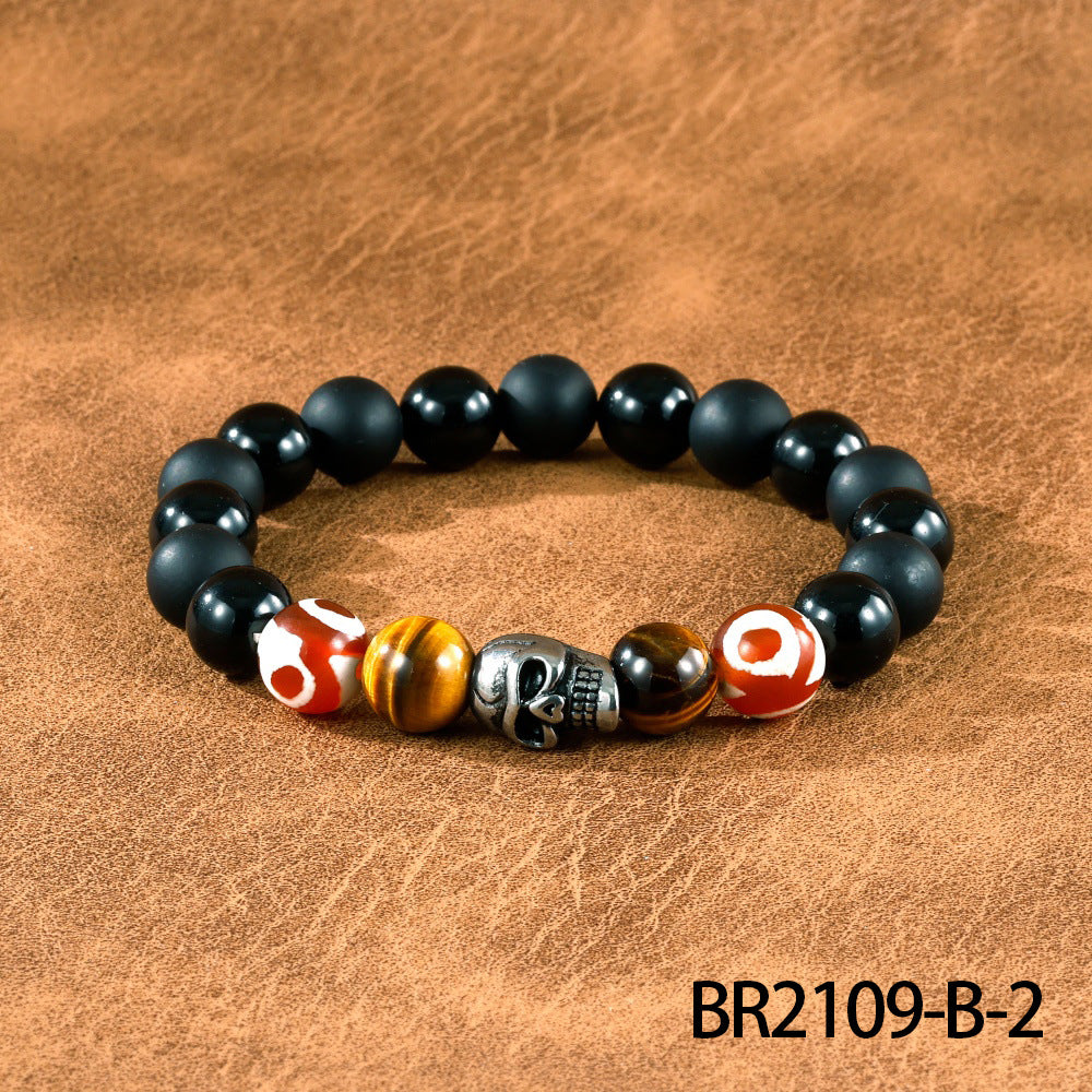 Wholesale Men' s semi-precious stone wolf head bracelet frosted black agate elastic bracelet