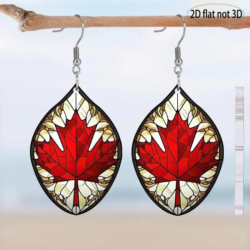 Wholesale Canada Day Oval Red Maple Leaf Acrylic Earrings