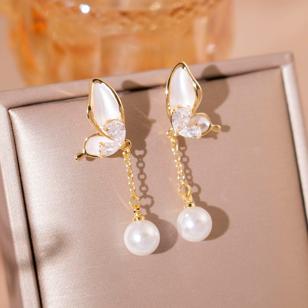 Wholesale  Zircon Butterfly Pearl Ear Clip Light Luxury Elegant  Earrings
