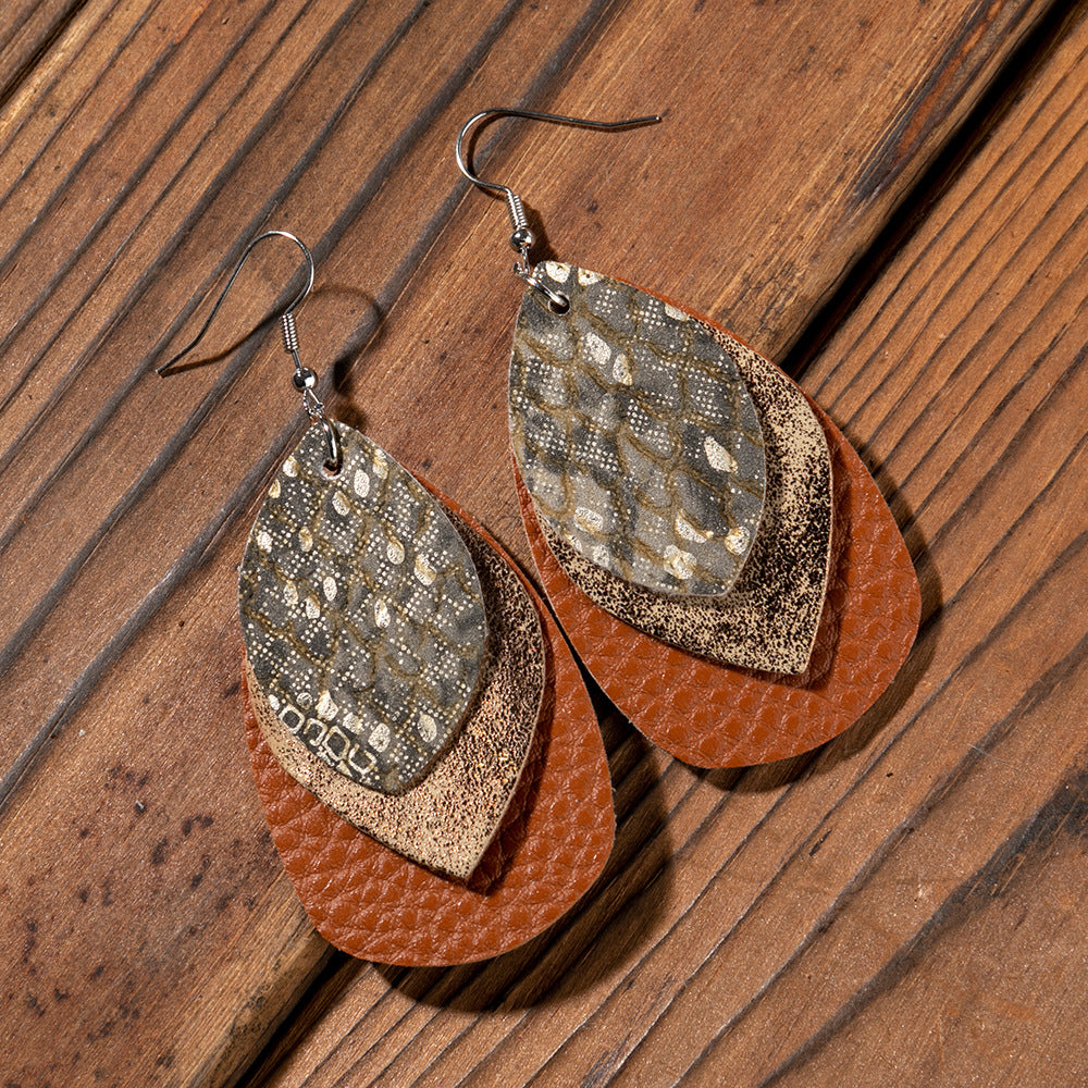 Wholesale Retro Multi-layer Water Drop Leaf PU Leather Earrings Jewelry Accessory