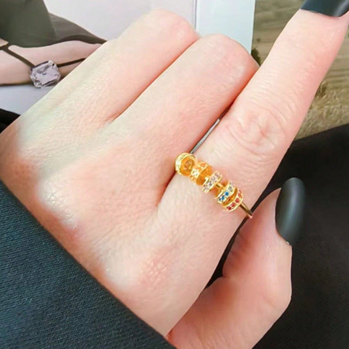 Wholesale  Sliding Bead Micro-Inlaid Colored Zirconium Ring
