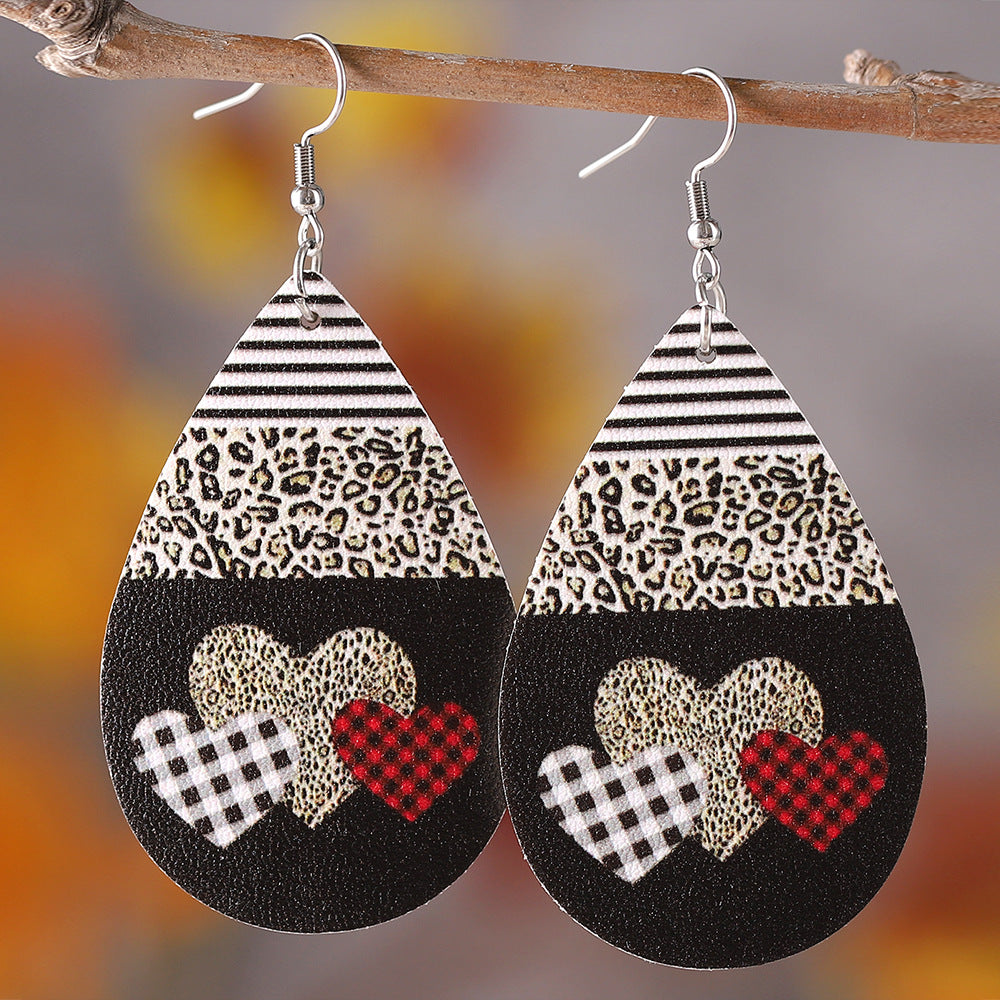 Wholesale PU leather Valentine' s Day checkered letter leopard print heart earrings