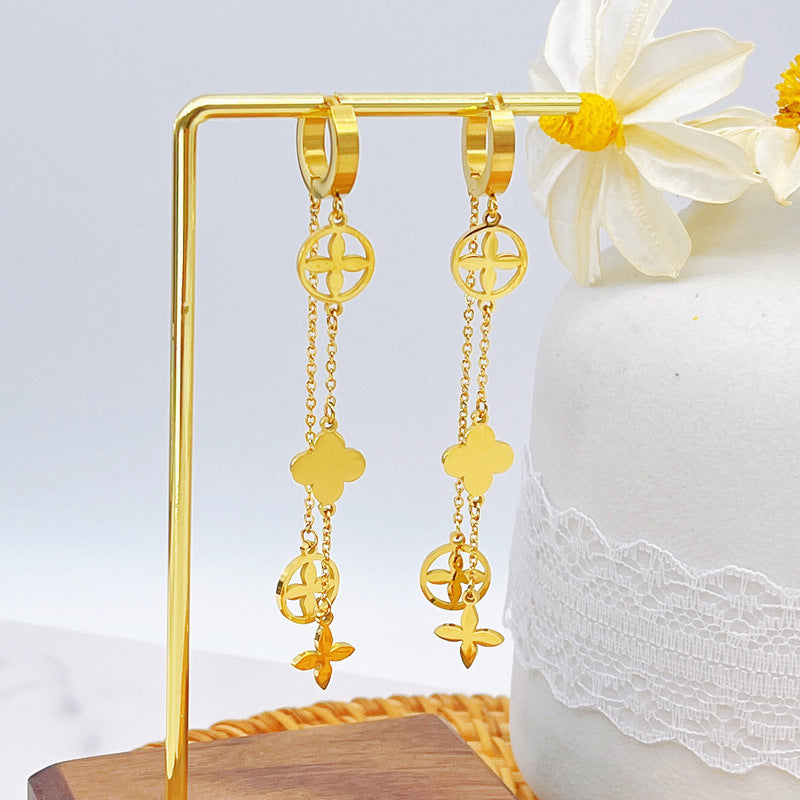 Wholesale Titanium Steel full diamond round pendant mid-length flower earrings