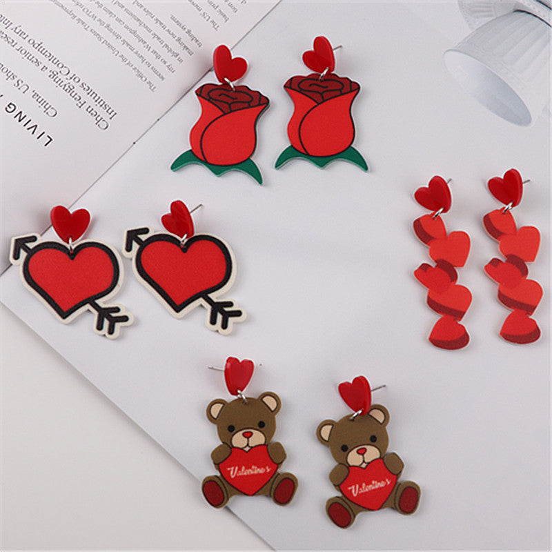 Wholesale Valentine' s Day Love Bear Rose Heart Earrings